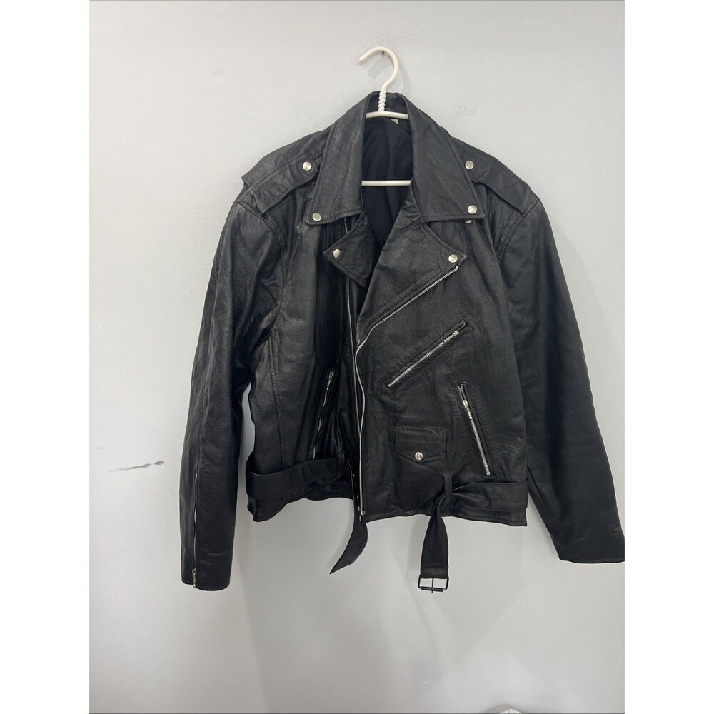 Vintage Biker Leather Rider Zipper Multiple Pockets Black Jacket Men India Sz 52